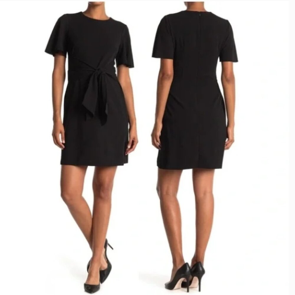 Donna Morgan Flutter Sleeve Waist Tie Dress 8, BLACK Wrap Around - Picture 3 of 14